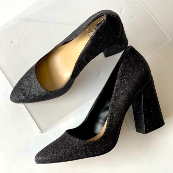 Vince Camuto Black Glitter Pumps Heels Block Heels Pointed Toe, Sz 8M - Picture 3 of 14